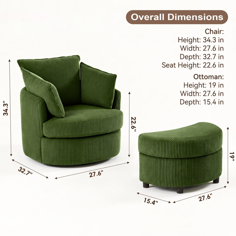 Corduroy Upholstered Swivel Barrel Accent Chair with Hidden Storage Ottoman, Round Lounge Chair for Living Room, Green