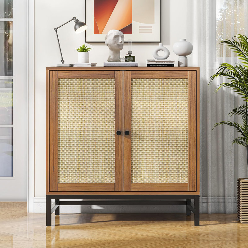 2 Door Walnut Rattan Buffet Sideboard – Small Mid-Century Modern Storage Cabinet for Kitchen, Living & Dining Room, Walnut