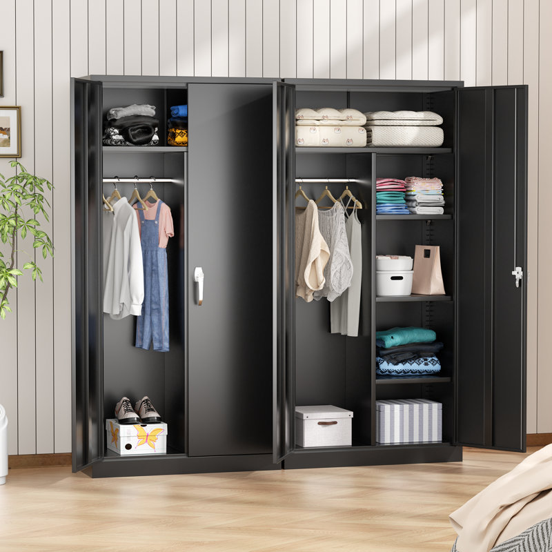 Metal Wardrobe Closet, 72" Locking Storage Wardrobe Cabinet with Lockable Doors and Adjustable Shelves(72'' H X 32'' W X 16'' D), Black