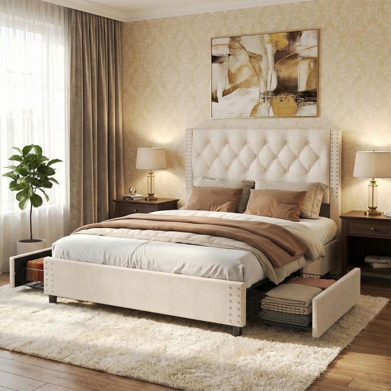 Grand lit plateforme tapissier capitonné avec 4 tiroirs de rangement, sans sommier, QUEEN, Beige