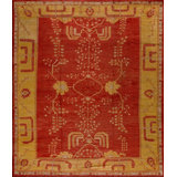 Exciting Red Filed and Yellow Border Tribal Geometric Antique Turkish Oushak Rug