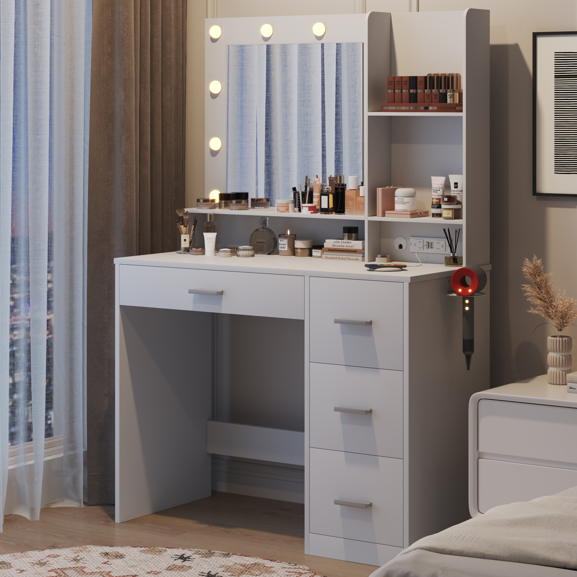 Dresser For Women Vanity Set with 10 LED Bulbs 3 Storage Shelves 2 Drawers  Dressing Table F423