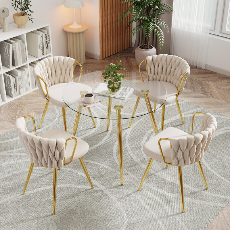 5-Piece Round Glass Dining Table Set for 4, Black, 29.5"H x 36"W x 36"D, Gold
