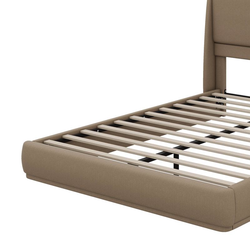 Queen Bed Frame With Upholstered Wingback Headboard, Low-Profile Platform Construction, Brown