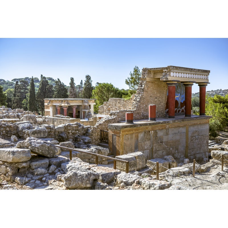 The North Entrance Of The Palace With Charging Bull Fresco In Knossos At Crete by Nellmac - Wrapped Canvas Print