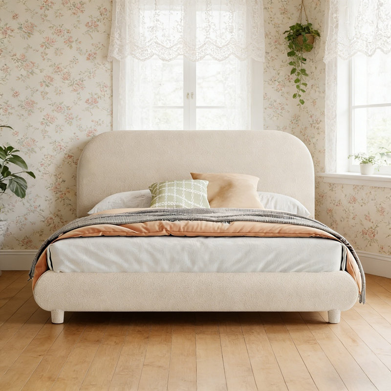 Lit plateforme tapissier en polaire Teddy, Beige, Grand lit