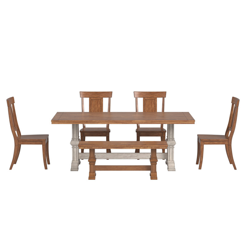 Ensemble de salle à manger Lumley 78 po en bois massif fini chêne avec chaises à dossier à panneaux - 7 pièces : table, chaises et banc