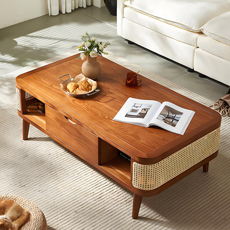 Table basse en bois massif avec rangement en rotin, Brun