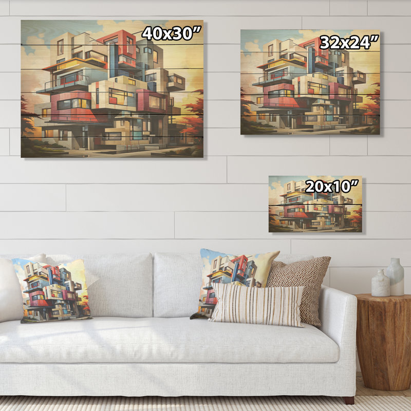 Paysage urbain pastel De Stijl - Art sur bois de pin naturel au coucher du soleil, H 24 po x l 32 po