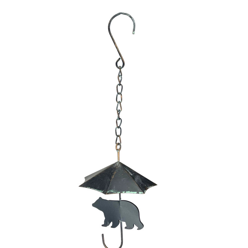 Chaîne de pluie rustique en métal vert-de-gris avec motif ours noir et clochette lestée, 190 cm de large.