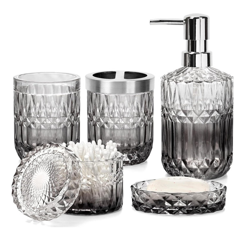 5Pcs Gradient Clear & Black Glass Bathroom Set: Soap Dispenser, Dish, Toothbrush Holder, Tumbler, Swab Jar