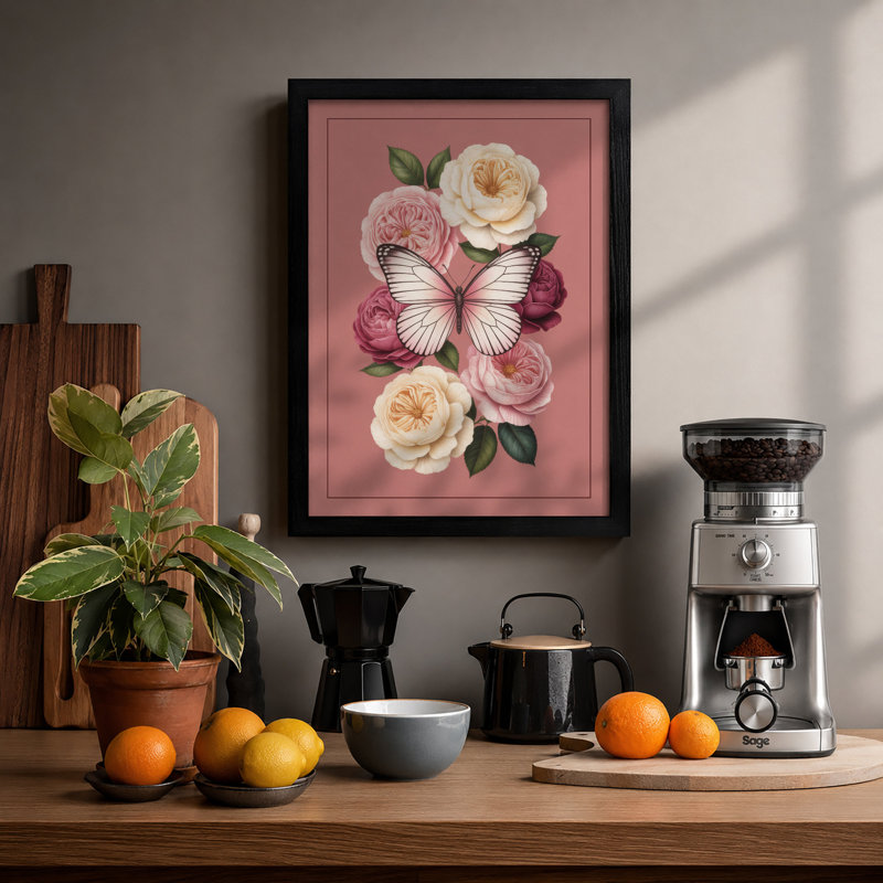 Roses And Butterfly Botanical - Print, Black, A3 - 42.0 x 29.7 cm
