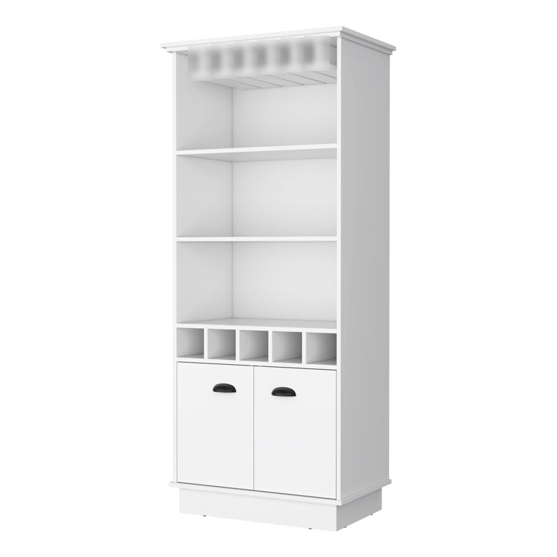 Elegant White Bar Cabinet With Extra Storage Capacity - 3 Shelves, 5 Bottle , Glassware Efficient Design Organizer