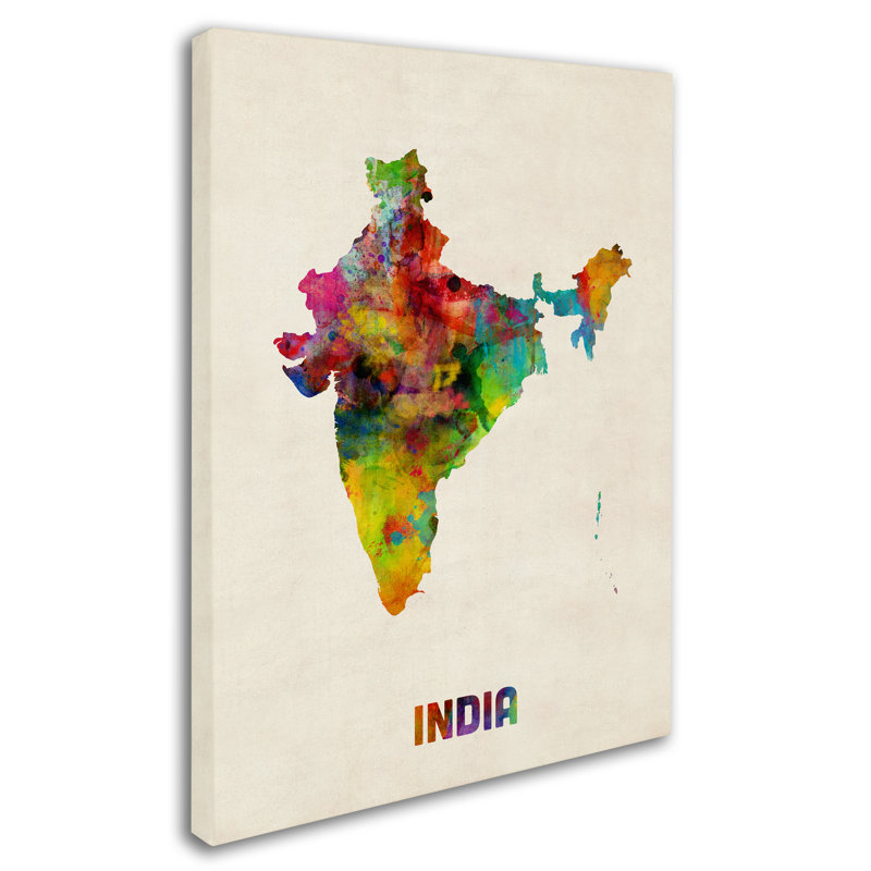 « inde aquarelle map », reproduction d’impression sur toile tendue, H 19 po x l 14 po x P 2 po