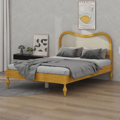 Base de lit plateforme en bois avec tête de lit courbée en rotin, cadre de lit plateforme en rotin boho de style Mid-Century avec support à lattes et espace de rangement sous le lit