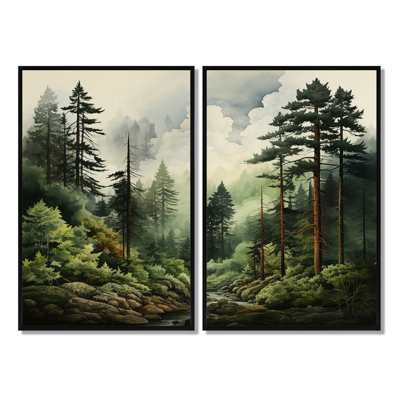 Forêt de pins - décoration murale traditionnelle verte, Noir, H 36 po x l 48 po, Reproduction encadrée sans passe-partout