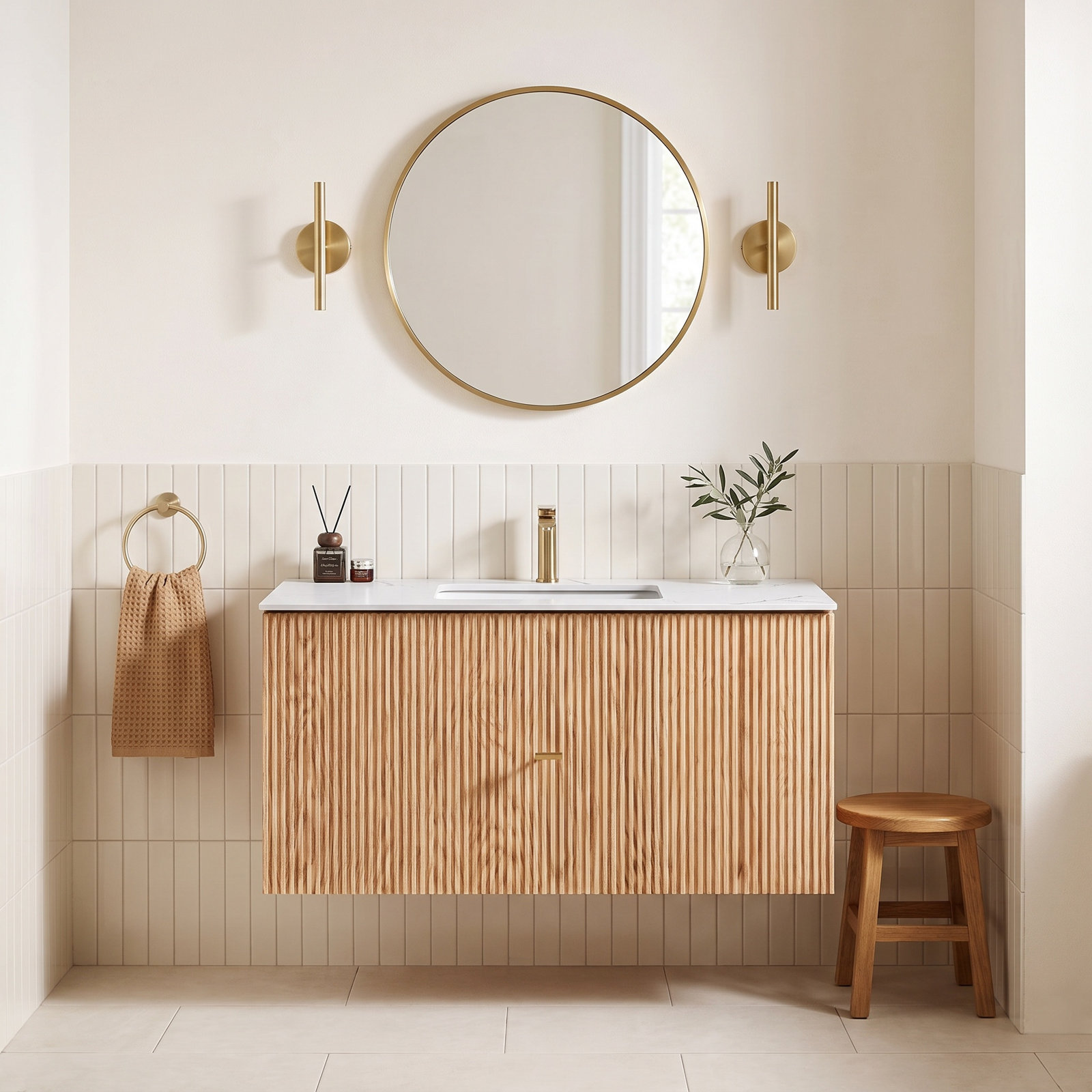 Jamell 42" Single Bathroom Vanity, Natural Oak, White