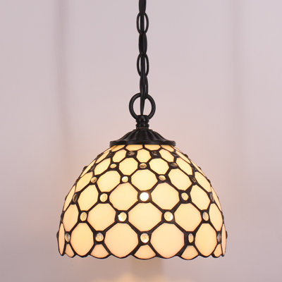 Small Tiffany Pendant Light Stained Glass Plug in Hanging Lamp 8 Inch Adjustable Height Hanging Chandelier Pendant Fixture for Home Kitchen Island Dining Room Hallway (White Amber Pearl Bead Style)