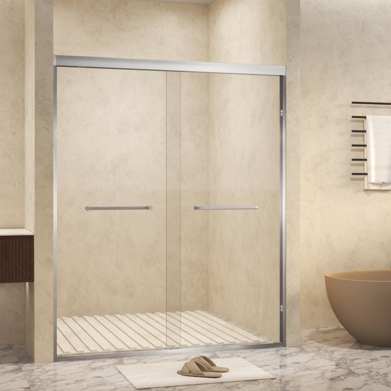 Tempered Glass With Explosion Proof Film, Aluminum Frame Double Sliding Shower Door, "1/4 (6 Mm), Stainless Steel Handle,Brushed Nickel
