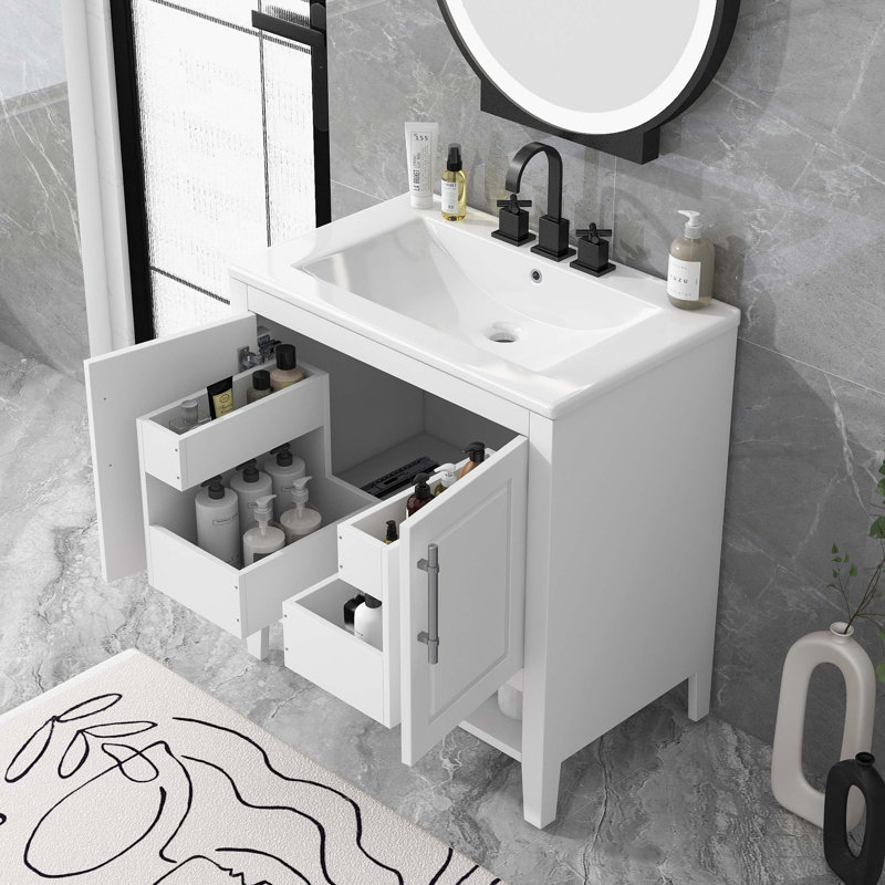 30" White Wood Freestanding Single Sink Bath Vanity with Ceramic Top