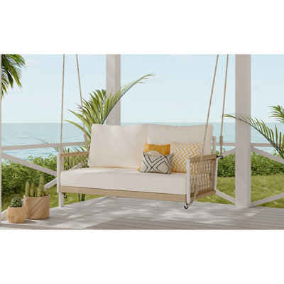 Patio Swing Chair With Beige Fabric And Intricate Weaving Stain- Cushions Frame