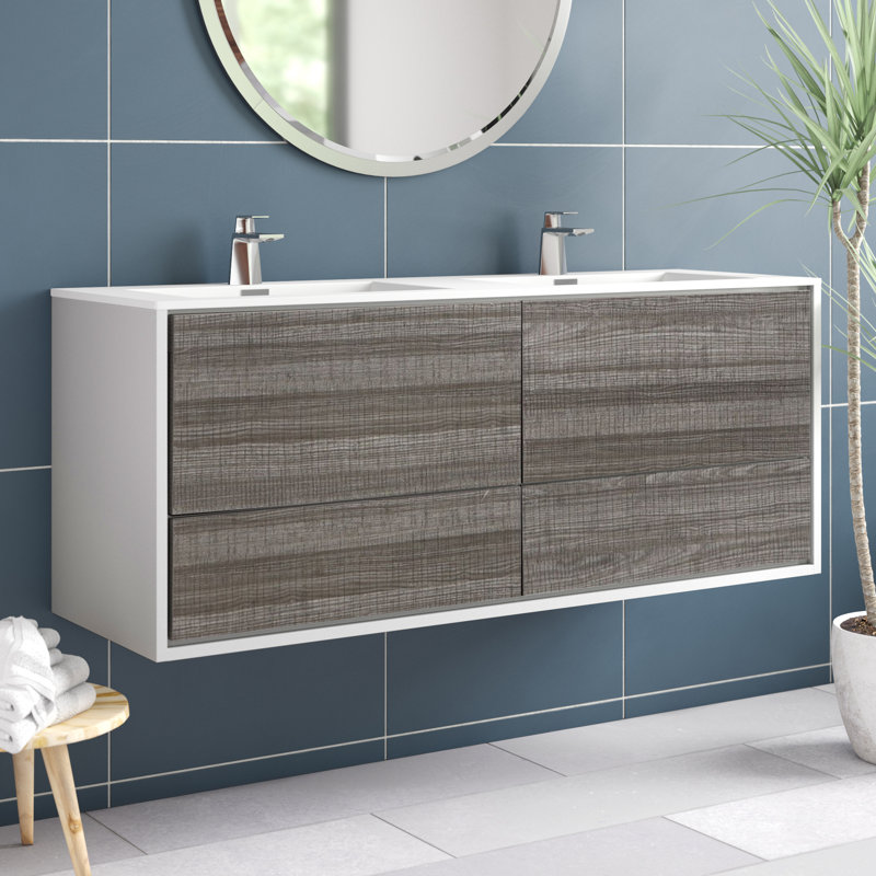Trieu 59.29 " W Double Vanity Bathroom Vanity With Acrylic Top, Gloss White/Gray