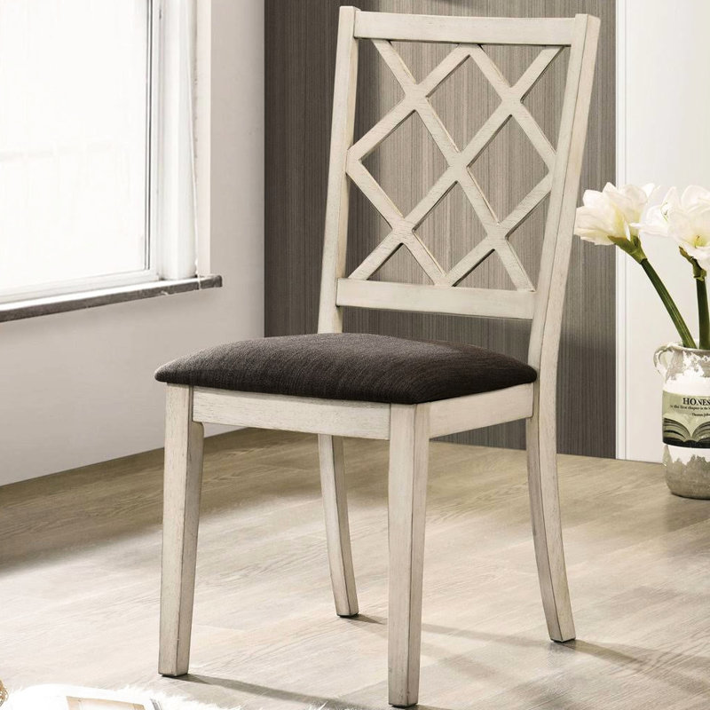 De 2 chaises de salle à manger, tissu d'ameublement, blanc antique et gris, dossier à dossier croisé blanc / gris, siège rembourré