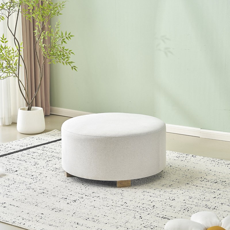 Fabric Round Ottoman With Wooden Legs