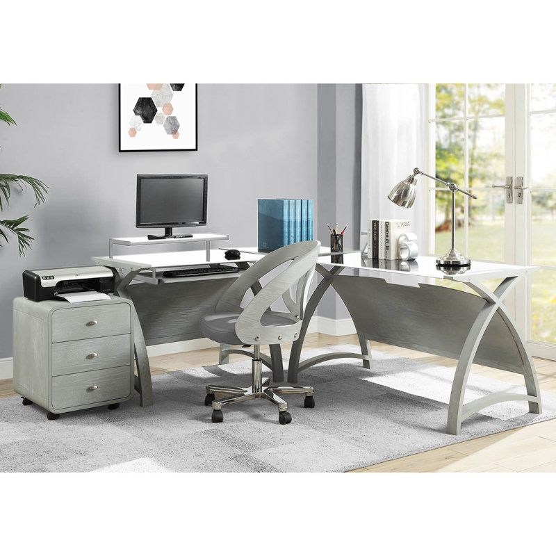 Benefield Glass Top Solid Wood Base Computer Desk, 73cm H x 130cm W x 61cm D