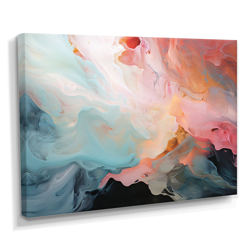«Playful Deep Pink Sky Dance II», art mural abstrait à encre liquide, H 24 po x l 32 po, Toile tendue