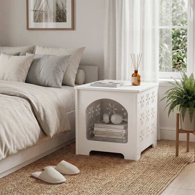 Table d'appoint florale en PVC avec compartiment de rangement, Blanc