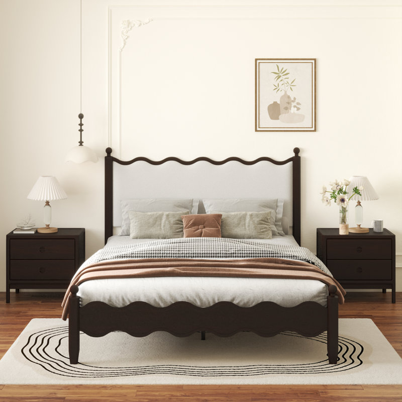 Ines Wood Bed Frame with Upholstered Headboard - Vegan Leather Upholstery, King, Brown