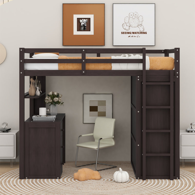Javers Kids Twin Loft Bed with Drawers, Espresso