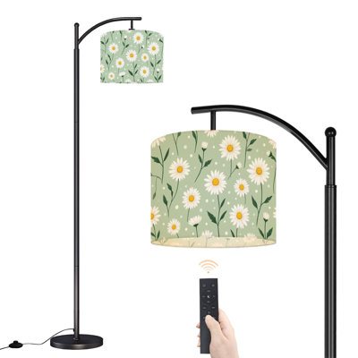 Lampe sur pied en arc à motif floral de pétales blancs sans soudure, centre jaune, vert doux, lampes sur pied minimes avec télécommande, abat-jour réglables, grandes lampes debout pour la lecture, salon, bureau
