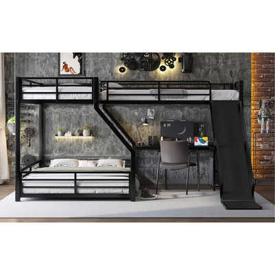 Lit superposé simple au-dessus de grand lit en forme de L avec lit mezzanine simple, lit superposé triple en métal avec glissière et ports USB, conception peu encombrante et silencieuse, noir