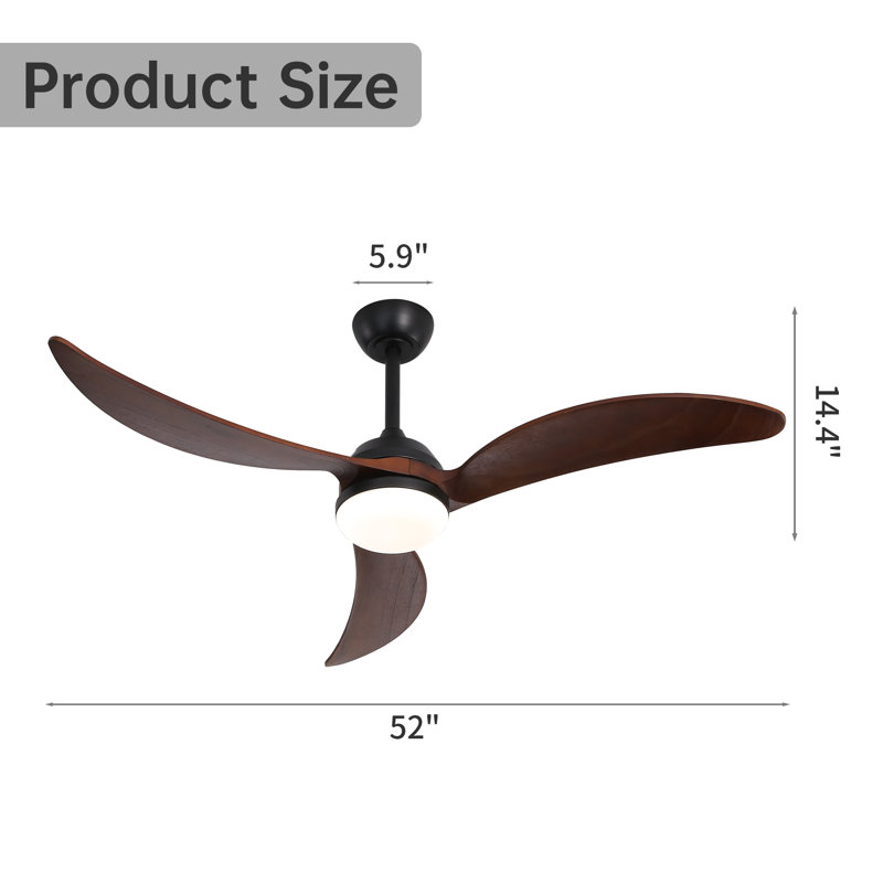 3-Solid Blade Propeller Ceiling Fan with Remote Control and LED Light - Loynaz, Black with Walnut Blades