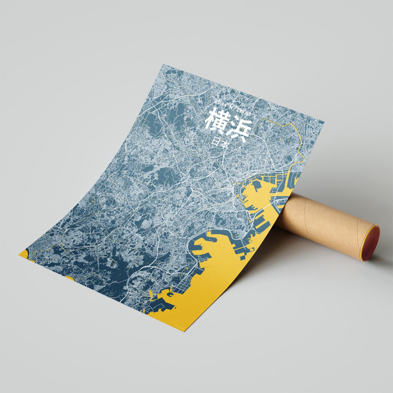 Yokohama (japonais), impression de carte de la ville, Bleu / jaune, H 24 po x l 18 po