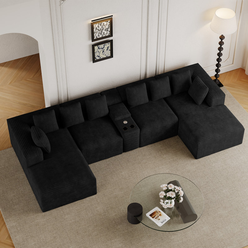 Canapé modulaire de 5 pièces sans assemblage avec chaises, console et porte-gobelet, Velours côtelé noir
