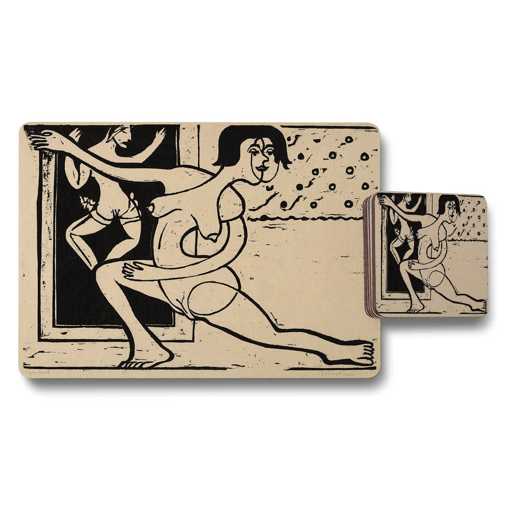 Abstract Figure Placemats And Coaster Set With Line Art