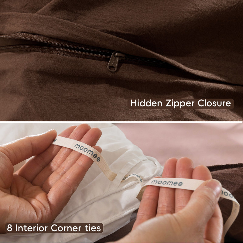 MooMee Lightweight Duvet Cover Set with Zipper Closure 8 Ties 100% Washed Cotton Linen Like Textured Soft Breathable All-Season