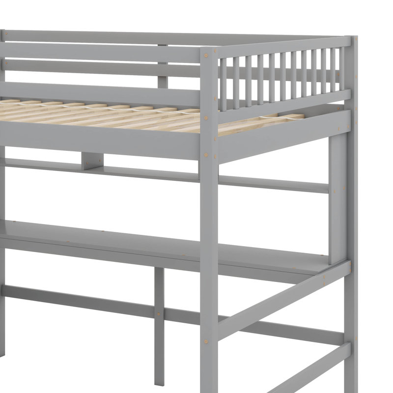 Lit mezzanine double avec bureau et tablettes de rangement, structure de lit mezzanine en bois avec escalier de rangement