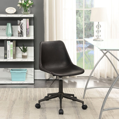 Brown Upholstered Adjustable Chair For Home Office, Ergonomic Curved Seat Design With Soft Cushion, And Smooth - Moving Wheels, 18 Inches Wide Leather Like Office Home, Padding On Modern Seat,