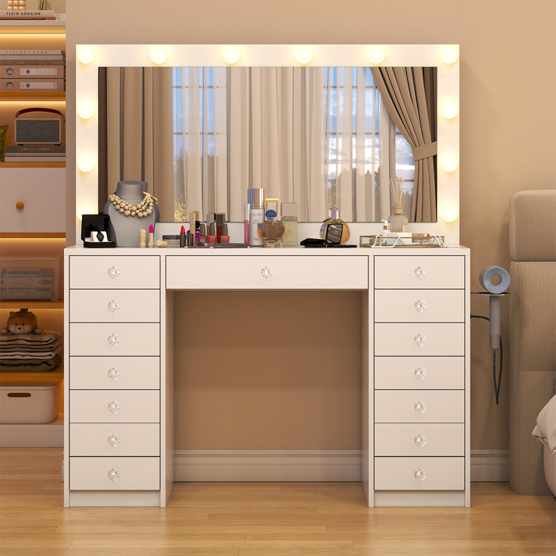 Meuble-lavabo avec miroir et lumières avec 15 tiroirs, 12 ampoules DEL et 3 couleurs de luminosité réglables, coiffeuse pour la chambre à coucher, blanc