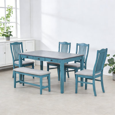 Ensemble de table de salle à manger en bois Mid-Century 6 pièces avec tiroir, chaises rembourrées et banc pour la cuisine / salle à manger