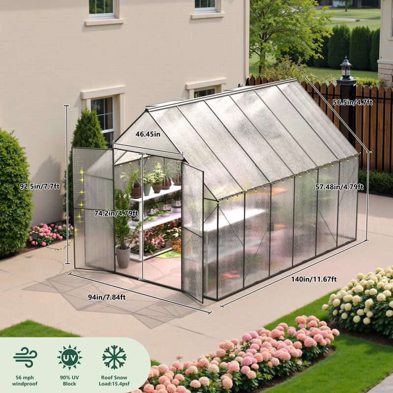 8X12 Ft Walk-In Polycarbonate Greenhouse With Ventilated Roof, 92.52" H x 140.16" W x 94.49" D