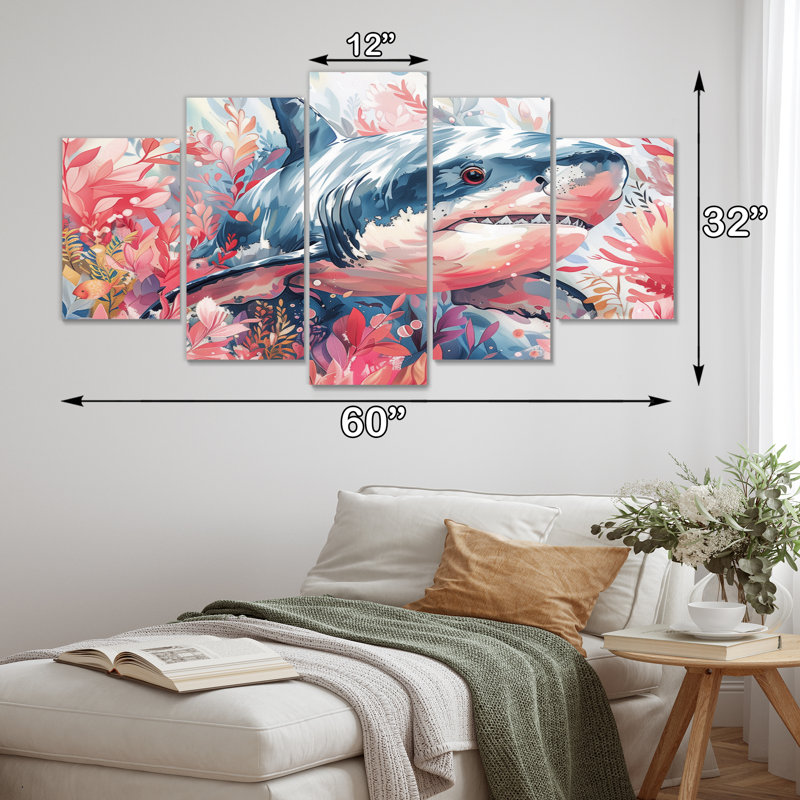 «Pink Grey Hunting Shark Watercolor II», ensemble de reproductions d'art mural requin