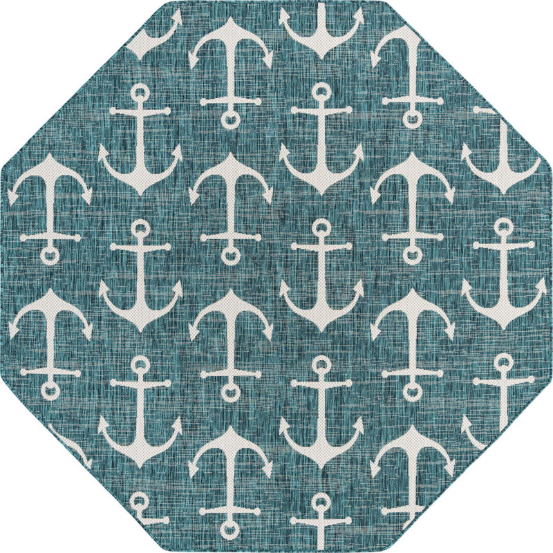 Tapis intérieur / extérieur bleu sarcelle / ivoire Glidden, Octogone 7 pi 10 po x 7 pi 10 po