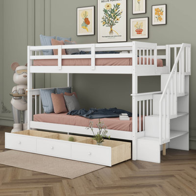 Twin-Over-Twin Bunk Bed With Three Drawers, Soild Wood Stairway Bunk Bed With Storage And Guard Rail