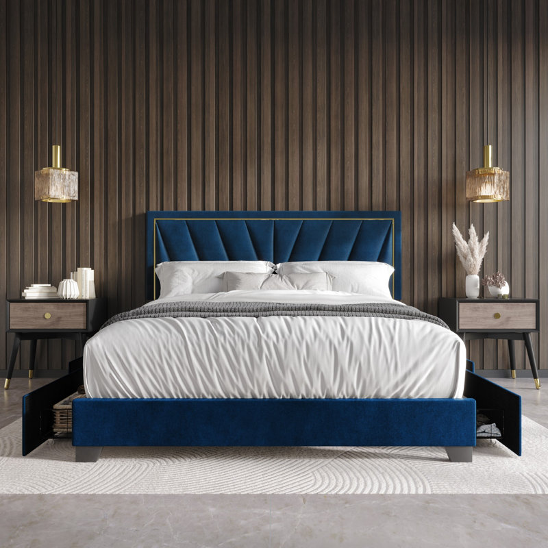 Lit plateforme tapissier avec rangement Jannean, Grand, Bleu