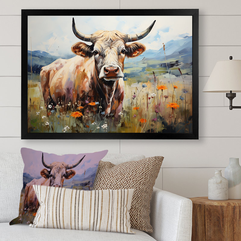 Vache dans des champs pastel - impressions encadrées de vache, H 12 po x l 20 po x P 1 po, Cadre noir